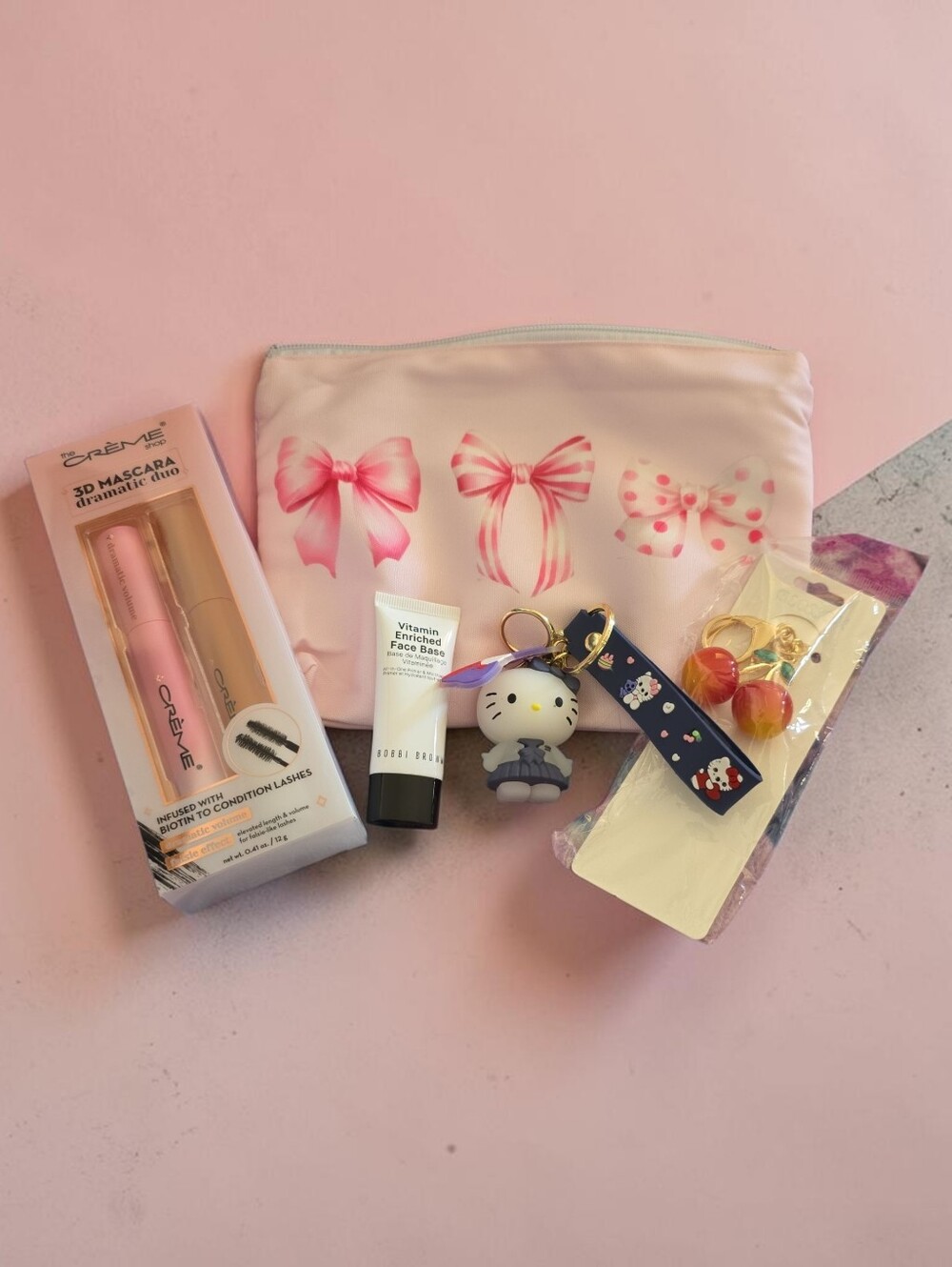 Pink Bow Makeup Pouch with Hello Kitty Keychain Beauty Bundle